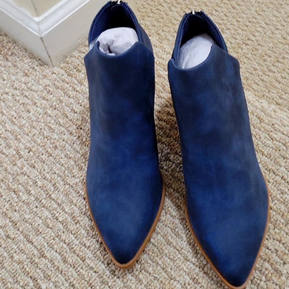 Blue suede bootie,  2.5"heel with metal trim, never worn